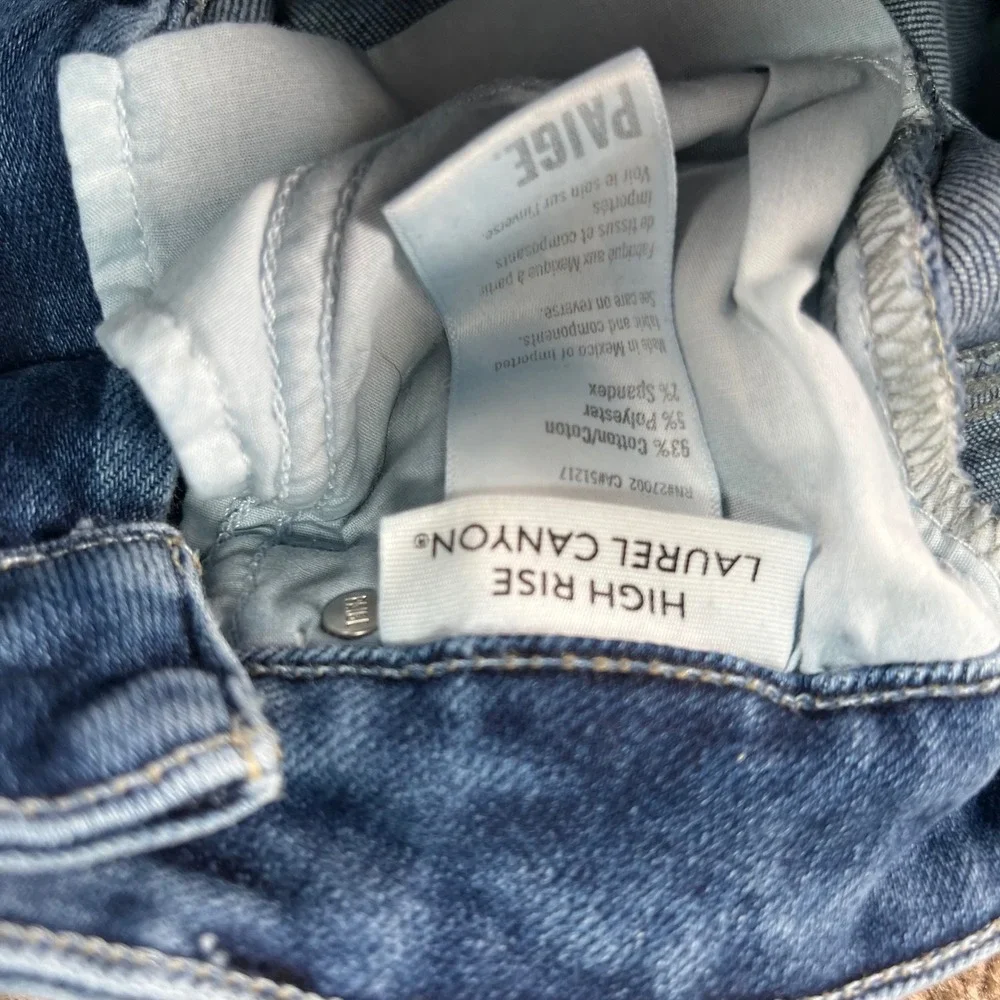 Paige Laurel Canyon High Rise Flare Jeans Blue Raw Hem Size 24 Womens Distressed
